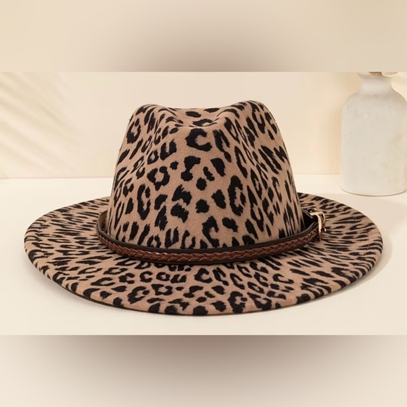 Accessories - Leopard Print Wide-Brim Fedora Hat - Brown